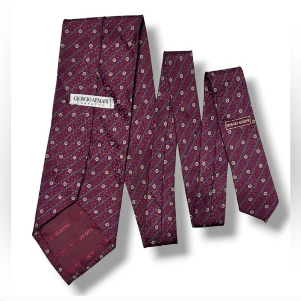 GIORGIO ARMANI Burgundy Silk Jacquard Tie Diagonal Stripes & Dots VINTAGE